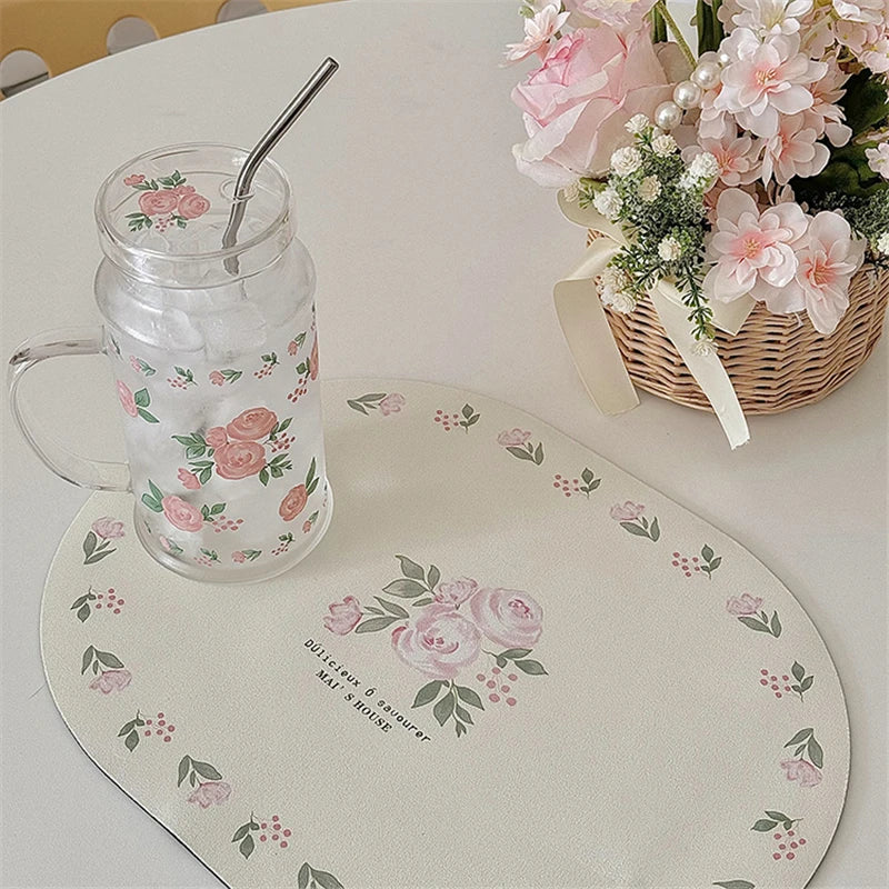 French Style Glass Suction Tube Cup Elegant Pink Rose Large Capacity Juice Drink Cup Girl Outdoor Office Cold Summer Drinks Cup