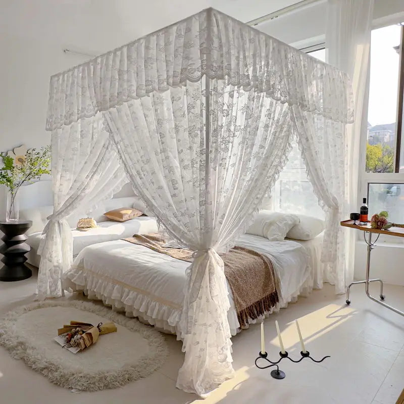 Light Luxury Jacquard White Romantic Lace Mosquito Net Three Door Bed Curtain Encrypted Bed Curtain No Bracket