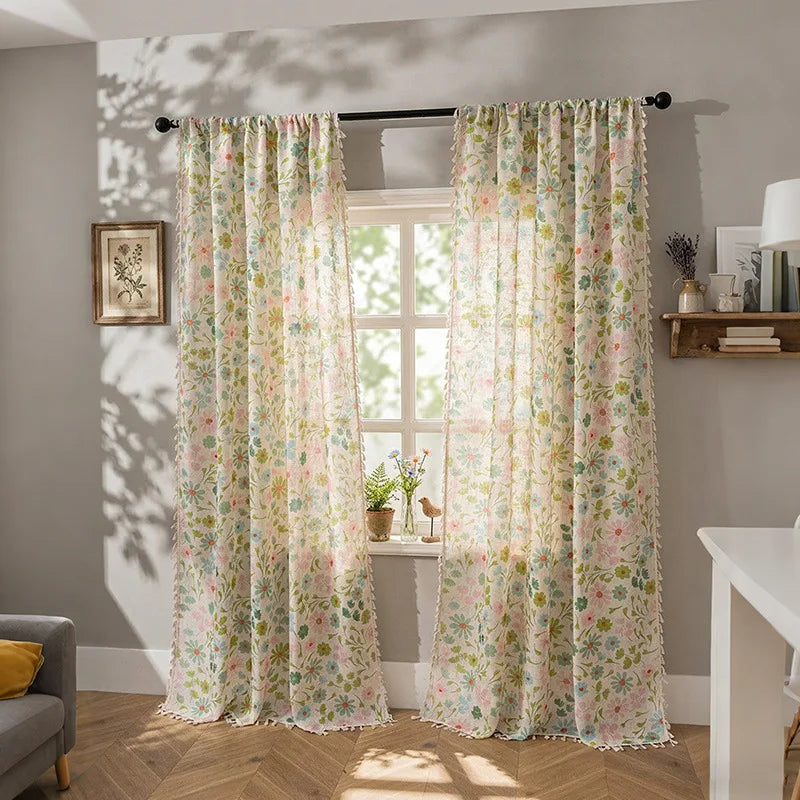 New Semi-Sheer Blackout Curtains, Slub Linen Look Floral Print Rod Pocket Drapes for Living Room Bedroom, 1/2 Panels Ready Made