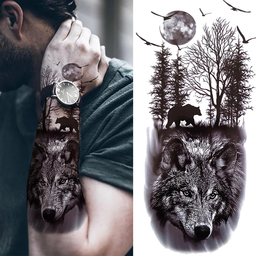 Waterproof Temporary Tattoo Sticker Lion Family Flash Tatto Tiger Wolf Moon Crown Flower Body Art Arm Fake Tatoo Men Women