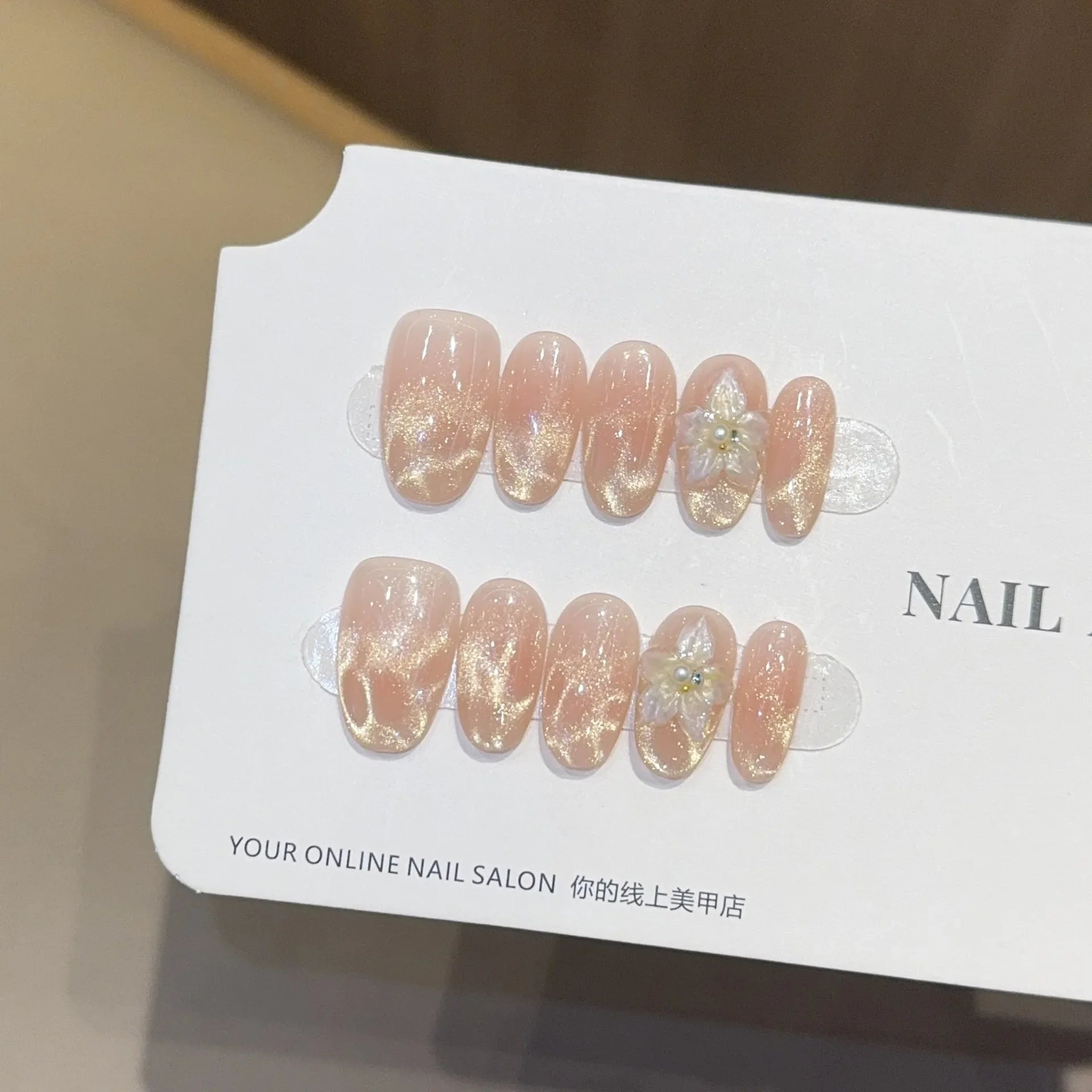 10Pcs Snake Rhinestone Press on Nails Pink Gradient Press on Fake Nails Cat Eye Almond False Nails 3D Carve Flower Nail Art Tip