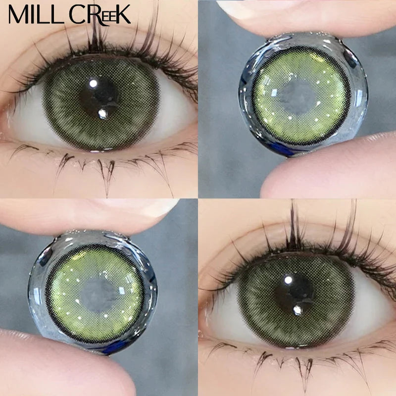 2pcs/Pair Color Contact Lenses Myopia Green Real looking Yearly Colored Lens Natural Dioptric Eye with Shimmer Degree Mill Creek