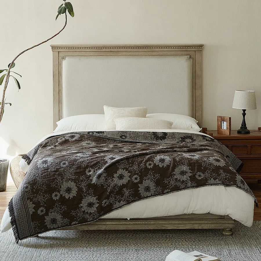 Vintage Artistic Style Pure Cotton Yarn Dyed Jacquard Tassel Throw Blanket Skin Friendly Car Office Single Nap Sofa Thin Blanket