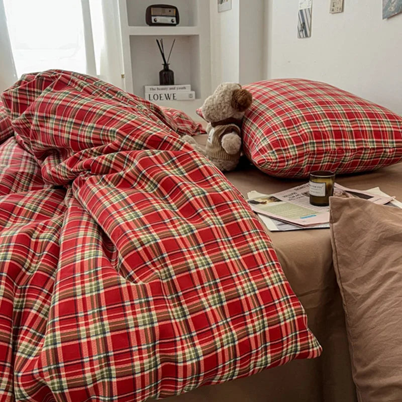 Vintage Geometric Plaid Printing Bedding Sets Nordic Soft Bedclothes for Four Seasons Skin-Friendly Quilt Cover Sheet Pillowcase
