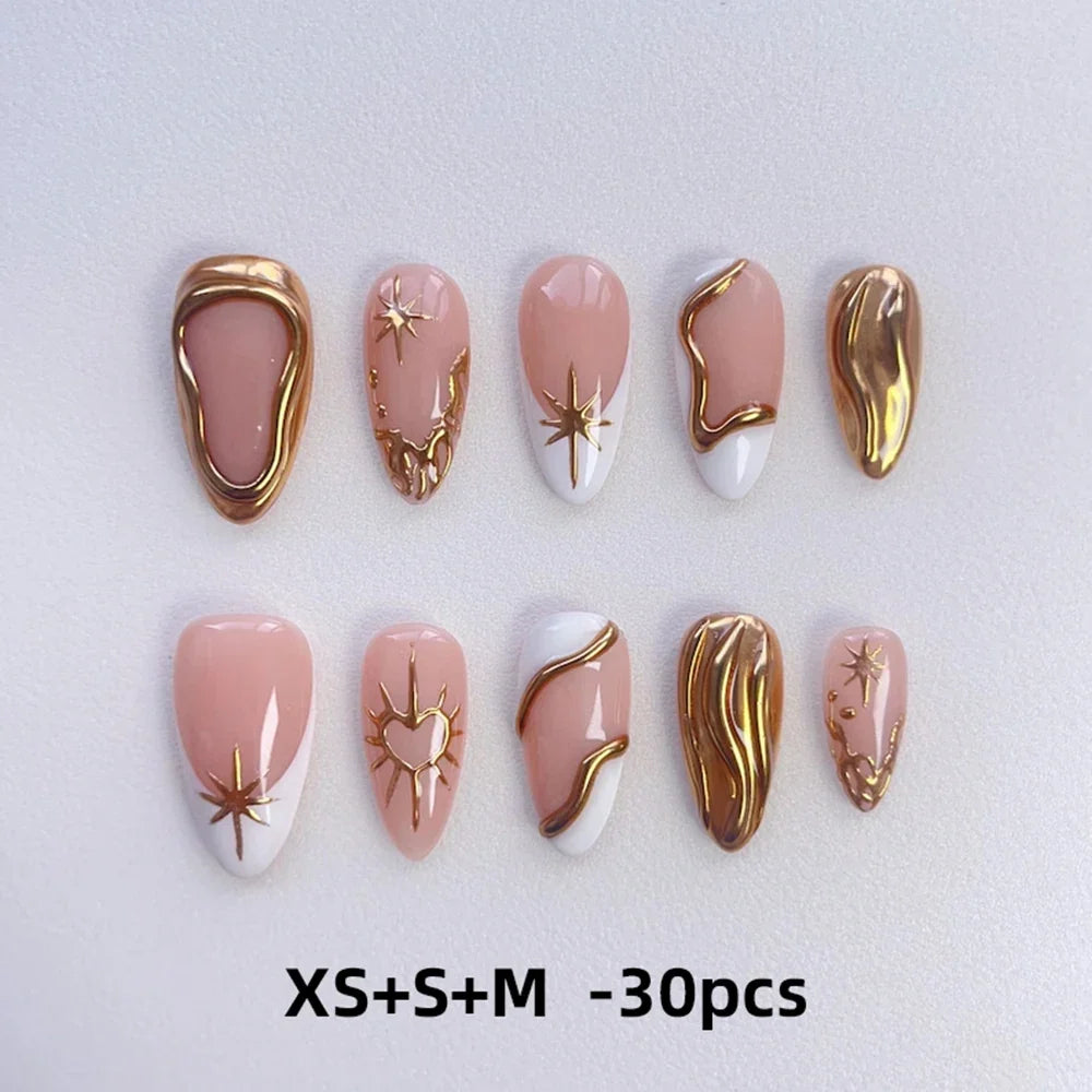 10pcs XS-S-M Size Luxury French Almond Press On Nails Metallic Gold Star Heart Wave Lines False Nails Reusable Acrylic Nail Tips