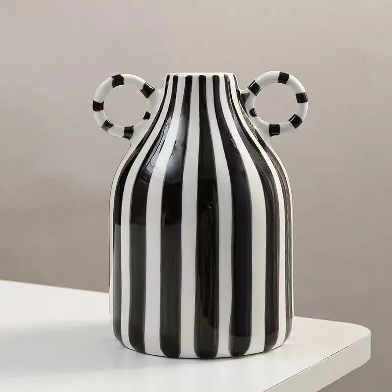 Blue and White Ceramic Vase with Handle, Nordic Boho Small Vases Side Table Flower Centerpiece, Wide Mouth Single Flower Vase