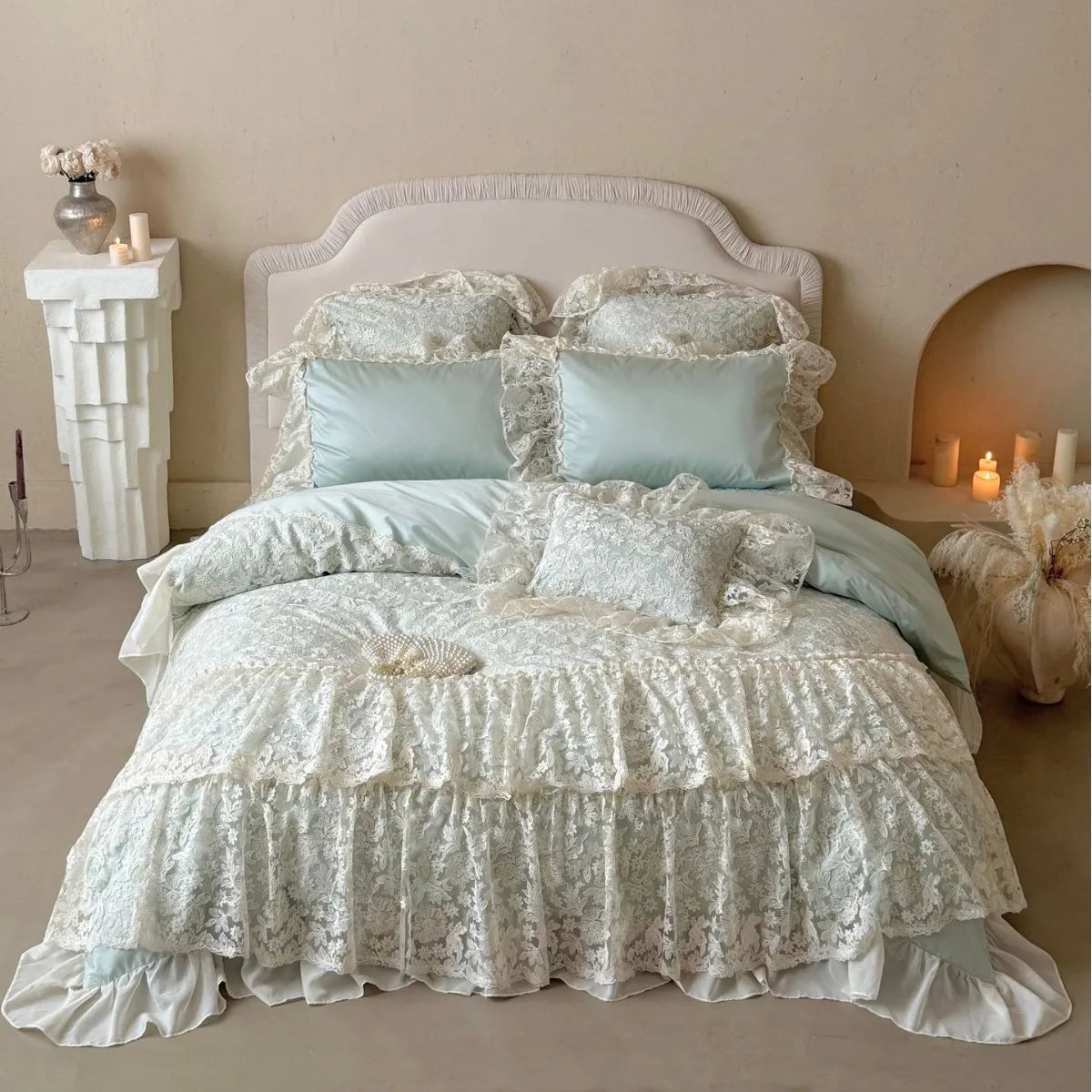 French Princess Bedding Set 4PCS Luxury All Cotton Lace Duvet Cover Set with Quilted Bedspread, Elegant Bedding Queen King Size