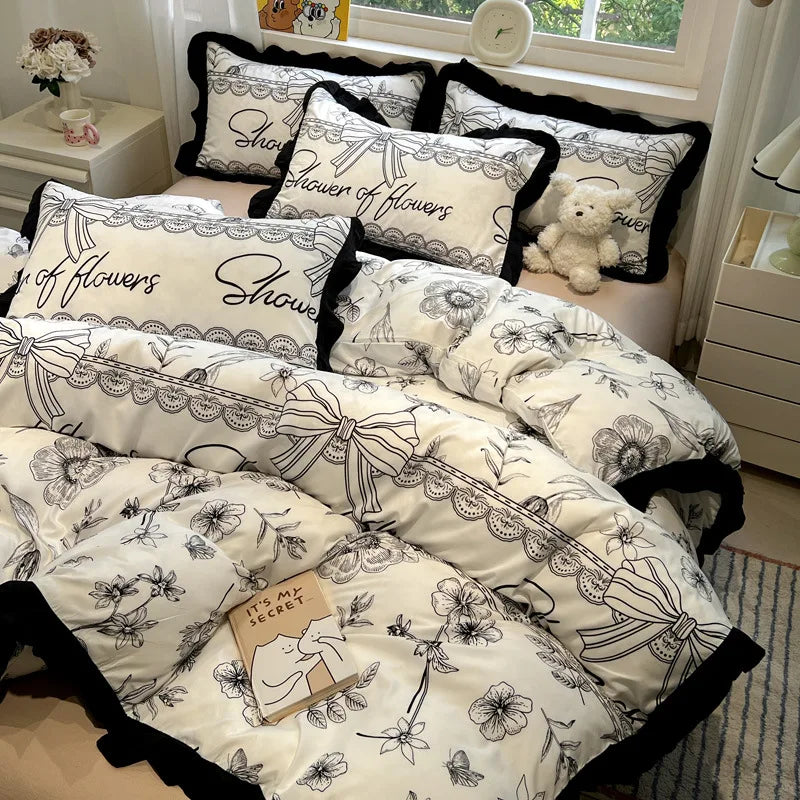Hepburn Style Floral Print Bedding Sets Elegant Lace Super Soft Cozy Flat Sheet Set Home Dorm Textile Supplies for All Seasons