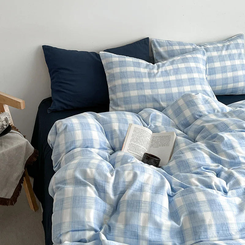 Nordic Simple Stripe Printed Bedding Sets Soft Washed Cotton Skin Friendly Duvet Cover Kit Cozy Bedclothes for Summer and Autumn