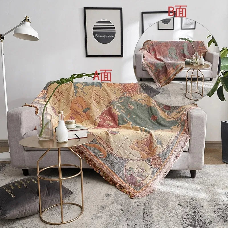 World map Cotton Bohemian Plaids Home Blanket Knitted Dustproof Sofa Cover Blanket Anti-Slip Decorative Blankets For Tea Table