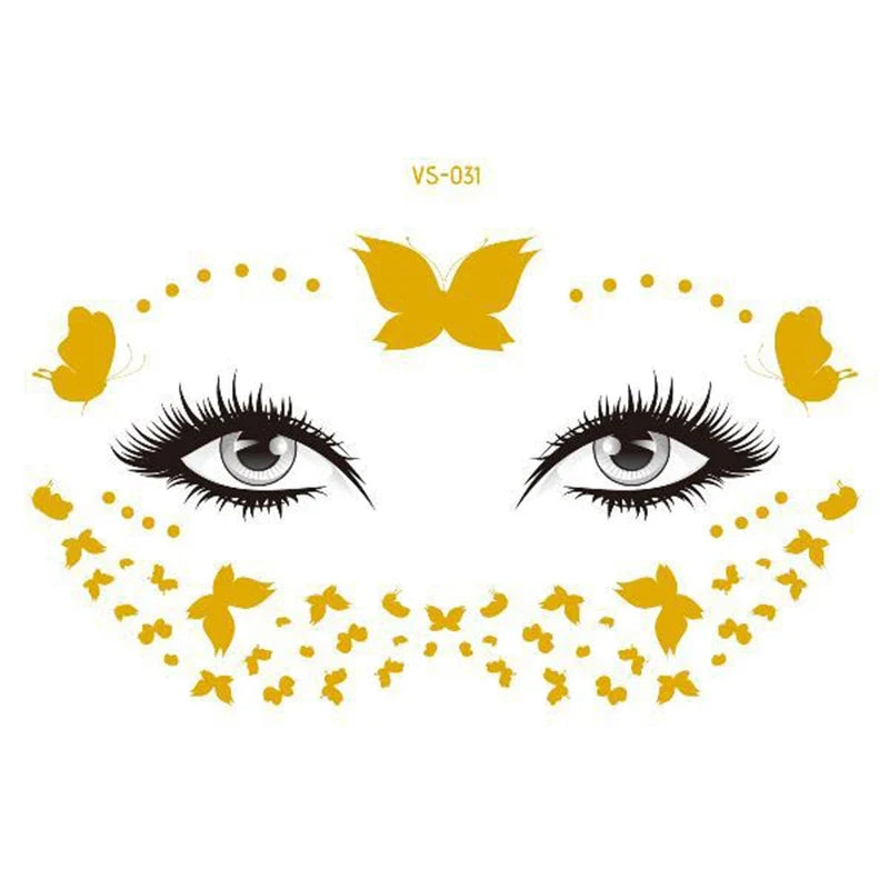 Glitter Stickers Face Tattoo Flash Gold Temporary Metalic Tattoos Waterproof Makeup Decals for Girls Party Music Festival