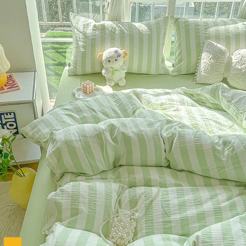 Japanese Ins Stripe Bedding Set Simple Two-Tone Contrast Sheet Kit with Quilt Cover Comfort Bed Decoration for Student Dorm