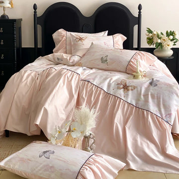 600TC Egyptian Cotton Pink Butterfly Print Pleated Ruffles Bedding Set Duvet Cover Bed Sheet/Fitted Bed Sheet Pillowcases 4Pcs