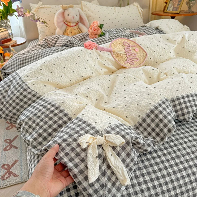 3/4Pcs Bedding Set Plaid Polka Dot Cotton Bedding Princess-Style For Home Double Bed Duvet Cover Bed Sheets With Pillowcase