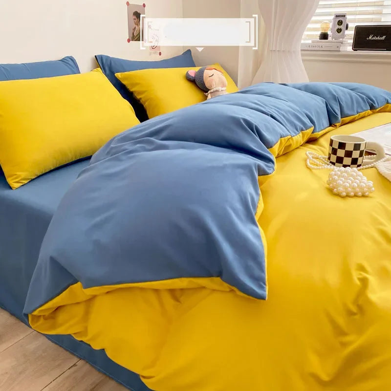 Luxury Washed Cotton Solid Bedding Set 3-4 Pcs Yellow Home King Size Duvet Cover Set with Flat Sheets Simple Queen Bedding Sets