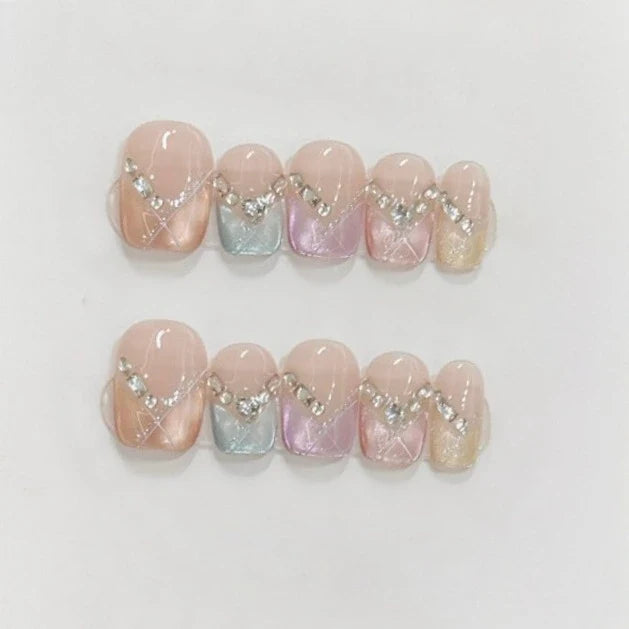 10Pcs Cute Cat Eye Press on Nails Short Square False Nails with Glue Dreamy Butterfly Fake Nails Full Cover Colorful Vortex Nail