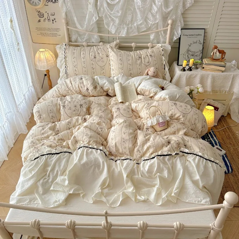 Korean French lazy style puff flower edge quilt cover four-piece set princess style dormitory three-piece set