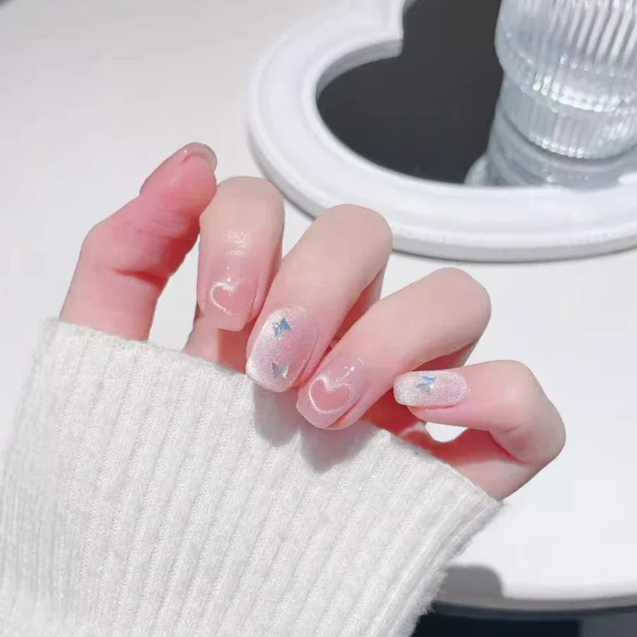 10Pcs Cute Girl Short Square Press on Nails Pink Cat Eye Nail Aurora Butterfly Strawberry Polka Dot Heart Fake Nail Tips Daily