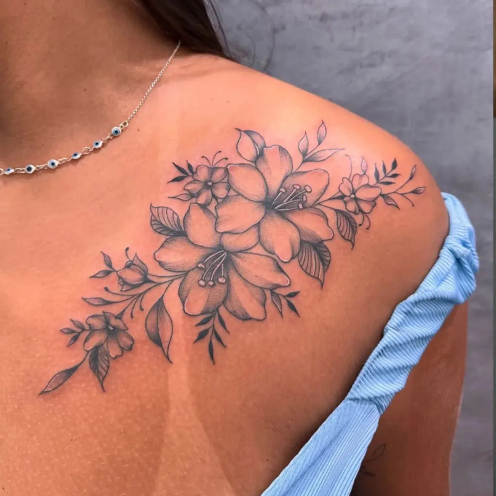 Natural Vine Floral Tattoo Sticker Black Gray Realistic Gradient Waterproof Long Lasting Temporary Tattoo for Women Shoulder