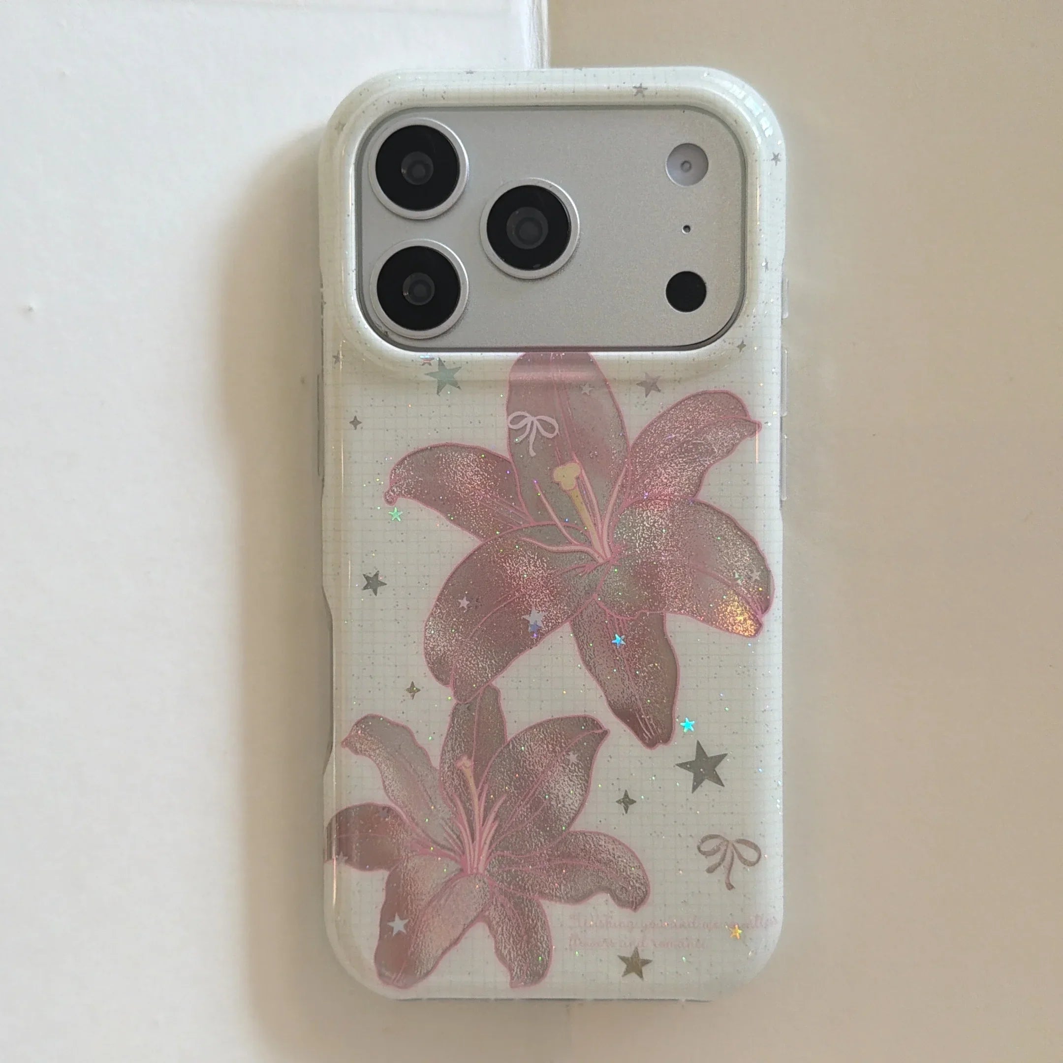 Trendy Shimmer Pink Lily Star Glitter Floral Print  Coquette Style Phone Case for iPhone 17 16 15 14 13 Pro Max Back Cover Capa