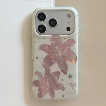 Trendy Shimmer Pink Lily Star Glitter Floral Print  Coquette Style Phone Case for iPhone 17 16 15 14 13 Pro Max Back Cover Capa