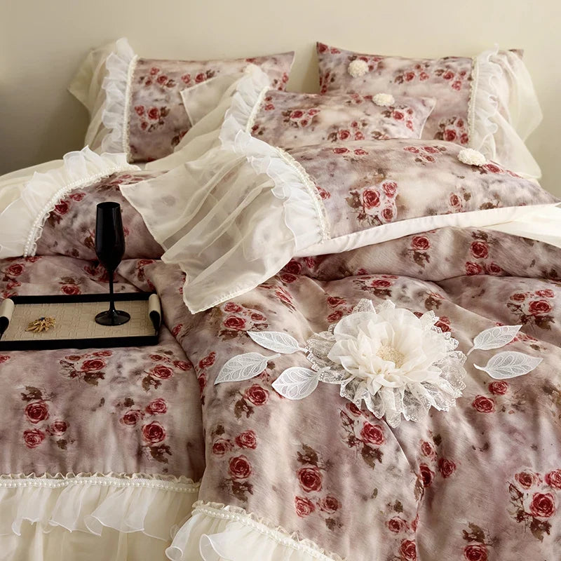 Vintage Rose Flowers Prints Lace Ruffles Lyocell Soft Silky Bedding Set Duvet Cover Bed Sheet/Fitted Sheet/Bed Skirt Pillowcases