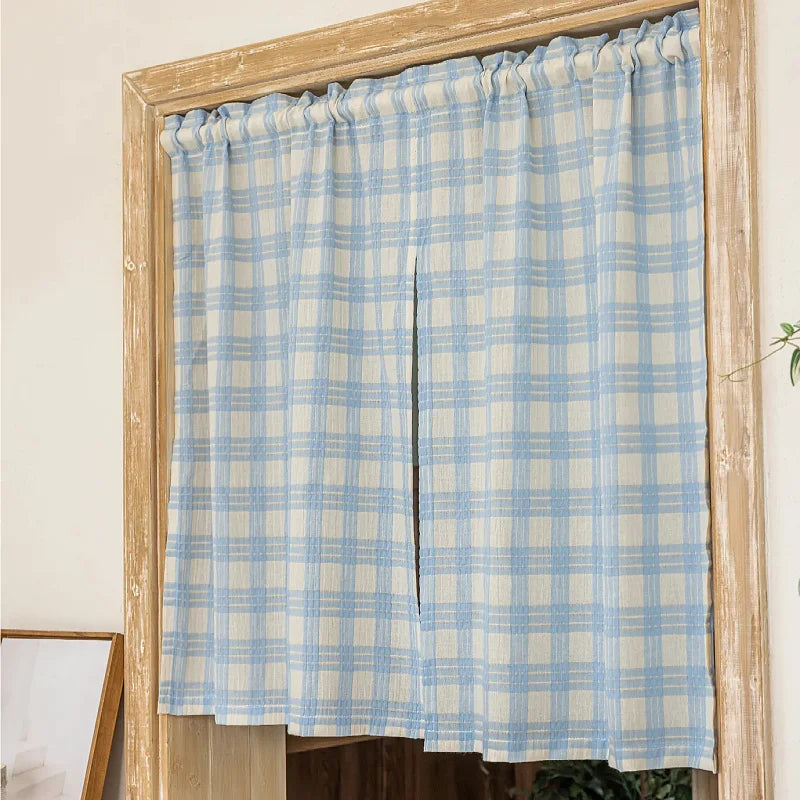 Blue And White Plaid Door Curtain Partition Curtain Bedroom op Commercial Bloing Curtain Semi Curtain No Punching Batoo...