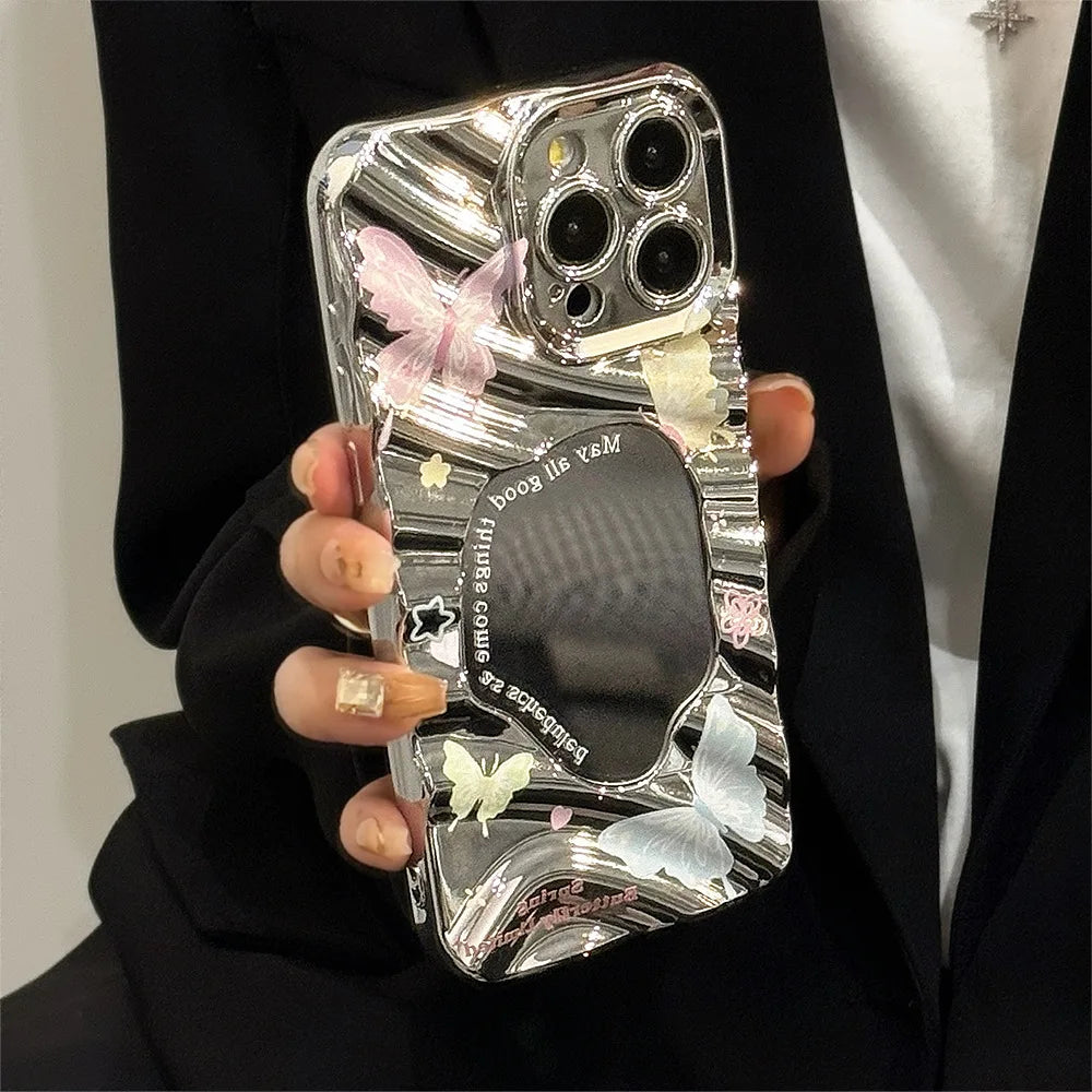Y2K Butterfly Plating Wave Mirror Phone Case For iPhone 16 15 14 13 12 11 Pro Max XR X XS 7 8 Plus Bracelet Shockproof Cover