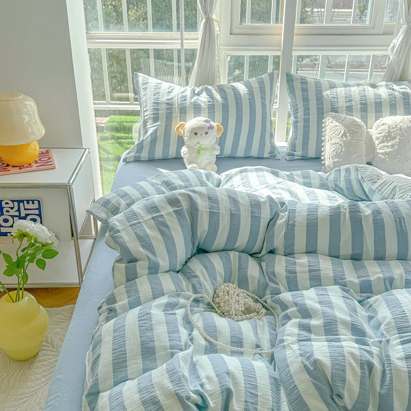 Japanese Ins Stripe Bedding Set Simple Two-Tone Contrast Sheet Kit with Quilt Cover Comfort Bed Decoration for Student Dorm