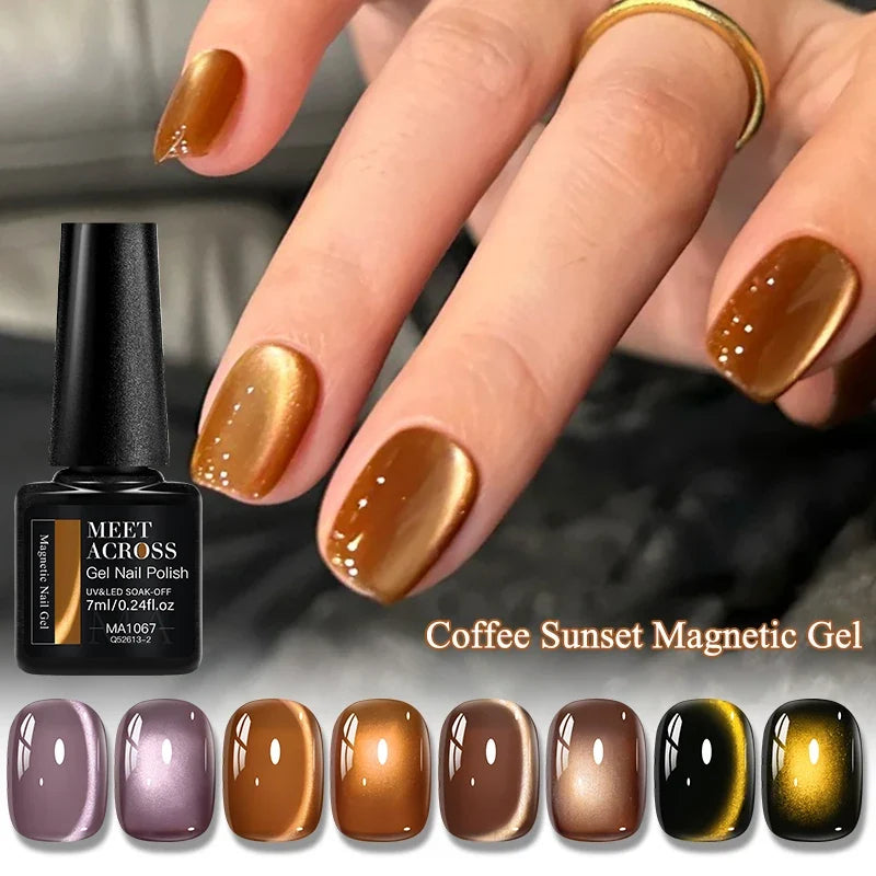 5pcs Coffee Sunset Cat Magnetic Gel Nail Polish Set Glass Beads Magnetic Semi Permanent Soak Off UV Gel Varnish Nail Supplies