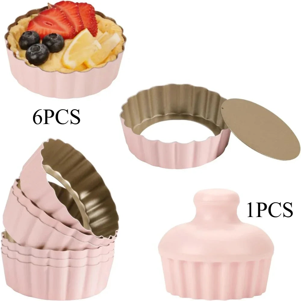 6PCS Mini Round Tart Pan with Removable Bottom and 1 Tart Tamper Set Nonstick for Baking Cupcake Muffin Cakes and Desserts Tools