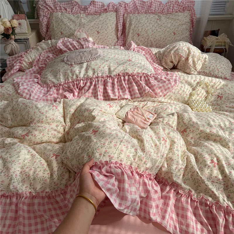 Korean Princess Style Floral Ruffles Bedding Set Washed Cotton Duvet Cover Bed Sheet Pillowcases Single Full Queen Size 3/4Pcs