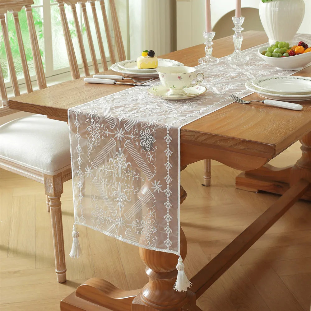 Modern Minimalist White Light and Thin Table Runner Lace Embroidery Floral Geometric Fringe Wedding Decor Tablecloth Decoration