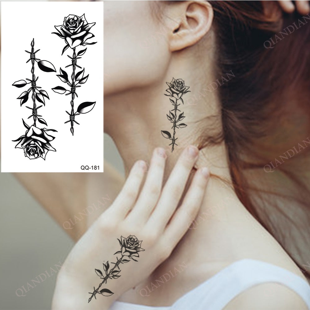 Waterproof Temporary Tattoo Stickers Butterfly Snake Rose Flower Gun Dark Flash Small Women Body Art Wrist Neck Fake Tattoos Men