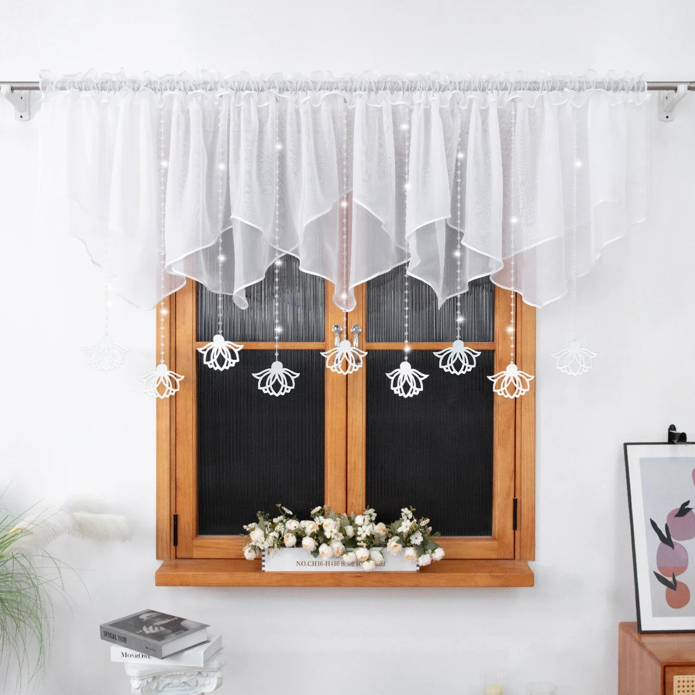 1PC Rod Pocket Sheer Curtain With Crystal Beads, Hollow Floral Pendants, 400×110cm, For Living Room, Lovely Housewarming Gift