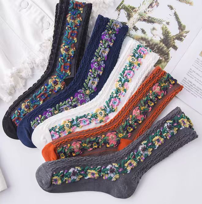 Laceup Embroidered Floral Socks