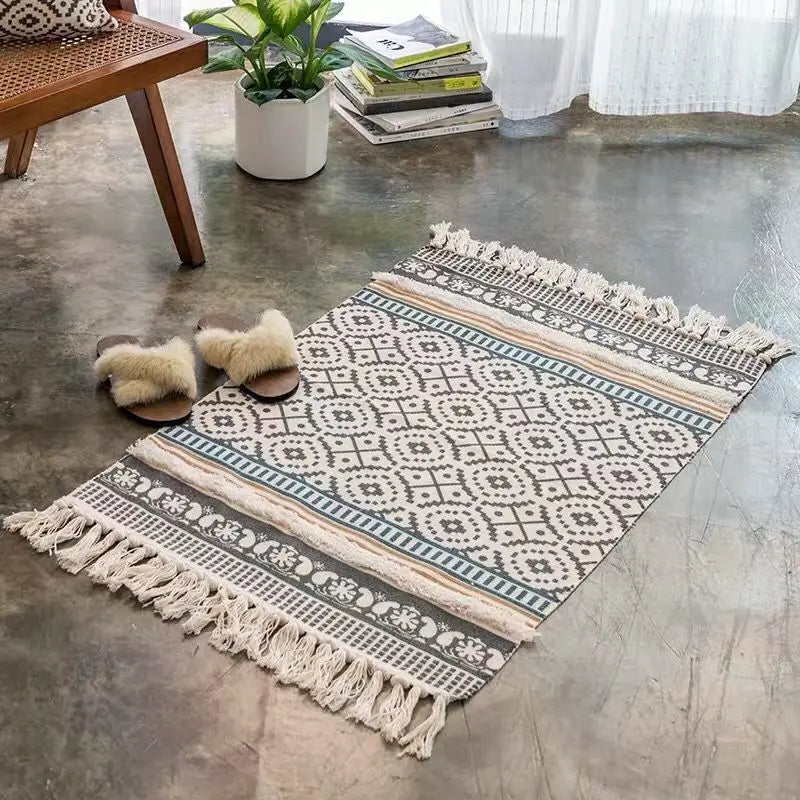 Cotton Linen Retro Rug Tapestry Home Decor Geometric Floor Mats for Bedroom Living Room Hand Woven Bohemian Tufted Tassel Carpet