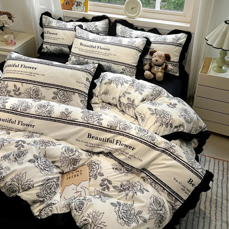 Hepburn Style Floral Print Bedding Sets Elegant Lace Super Soft Cozy Flat Sheet Set Home Dorm Textile Supplies for All Seasons