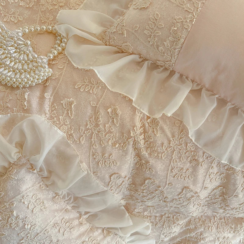 Romantic Floral Lace Embroidered Ruffles Princess Wedding Bedding Set 100% Cotton Duvet Cover Bed Sheet/Fitted Sheet Pillowcases