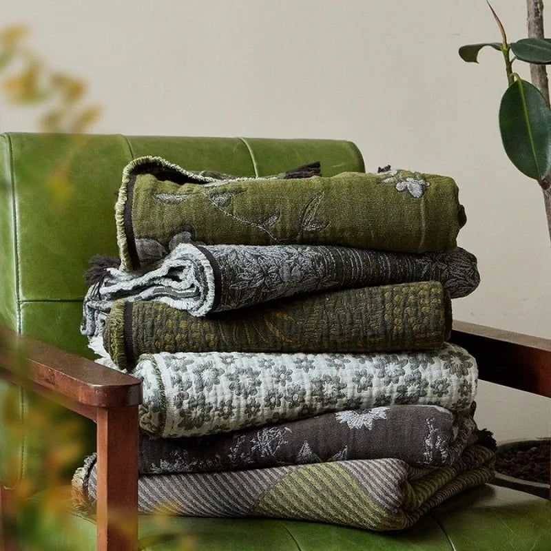 Vintage Artistic Style Pure Cotton Yarn Dyed Jacquard Tassel Throw Blanket Skin Friendly Car Office Single Nap Sofa Thin Blanket