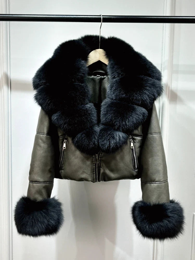 Fashion Fox Fur Women Winter Short PU Leather Jacket Warm Coat