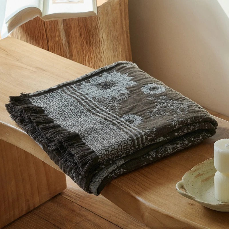 Vintage Artistic Style Pure Cotton Yarn Dyed Jacquard Tassel Throw Blanket Skin Friendly Car Office Single Nap Sofa Thin Blanket