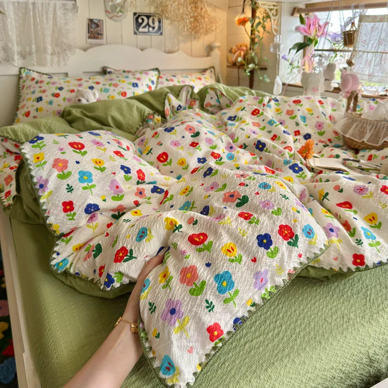Class-A Pure Cotton Shell Edge Bedding Sets Ins Printing Bedclothes for Four Seasons Soft Skin-Friendly Home Textile for Adults