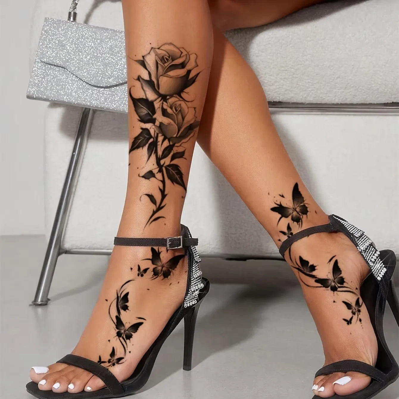 2 Sheets Waterproof Temporary Tattoo Sticker Butterfly Flower Rose Fake Tatto Flash Tatoo Shin For Girl Women Body Art Tattoos