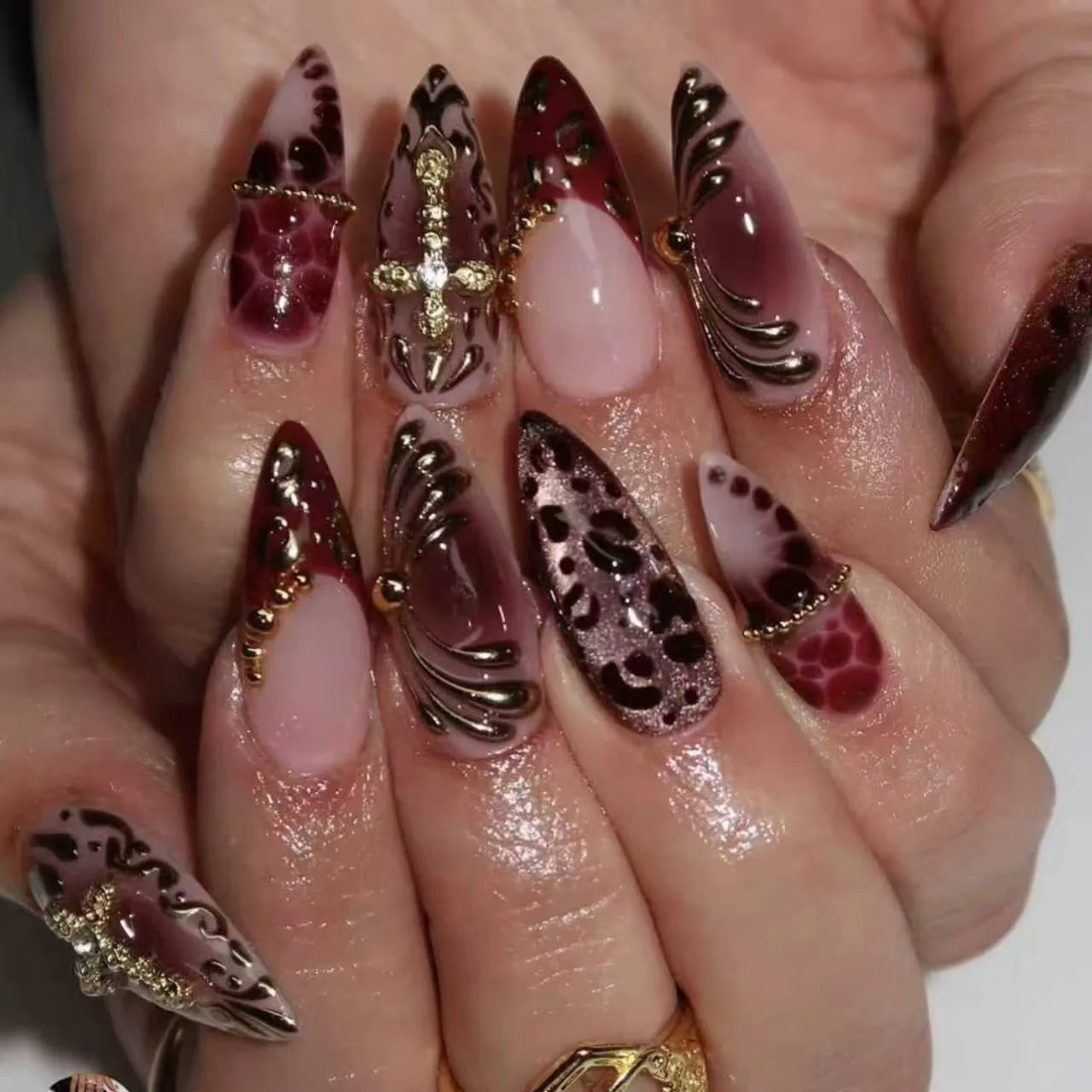 24Pcs Y2K Almond Press on Nails 3D Pink Flowers Stick on Nails Polka Dot Nail Sweet Cool Leopard Print False Nails Metal Nail
