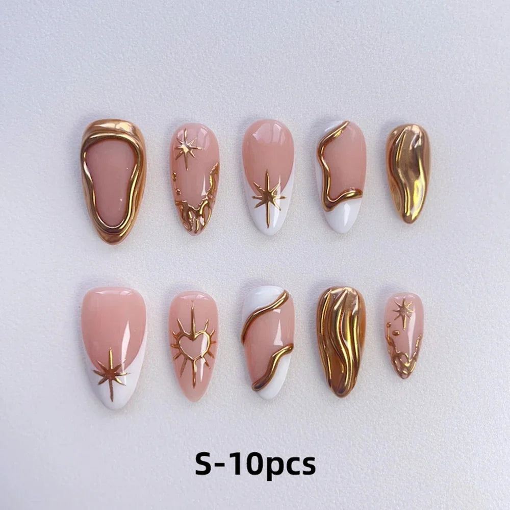 10pcs XS-S-M Size Luxury French Almond Press On Nails Metallic Gold Star Heart Wave Lines False Nails Reusable Acrylic Nail Tips