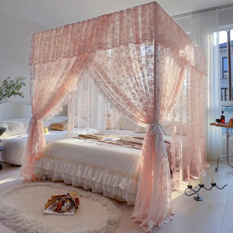 Light Luxury Jacquard White Romantic Lace Mosquito Net Three Door Bed Curtain Encrypted Bed Curtain No Bracket