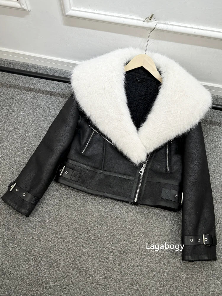 Women Faux Fur Collar Street Style Leather Jacket