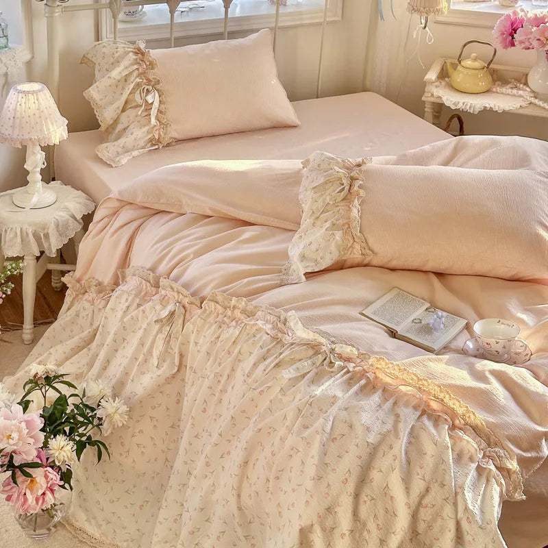 3/4Pcs Bedding Set French-Inspired, Girly, Princess-Style Bows and Lace Pink Duvet Cover Pillowcase Bedding Full Set Double Bed