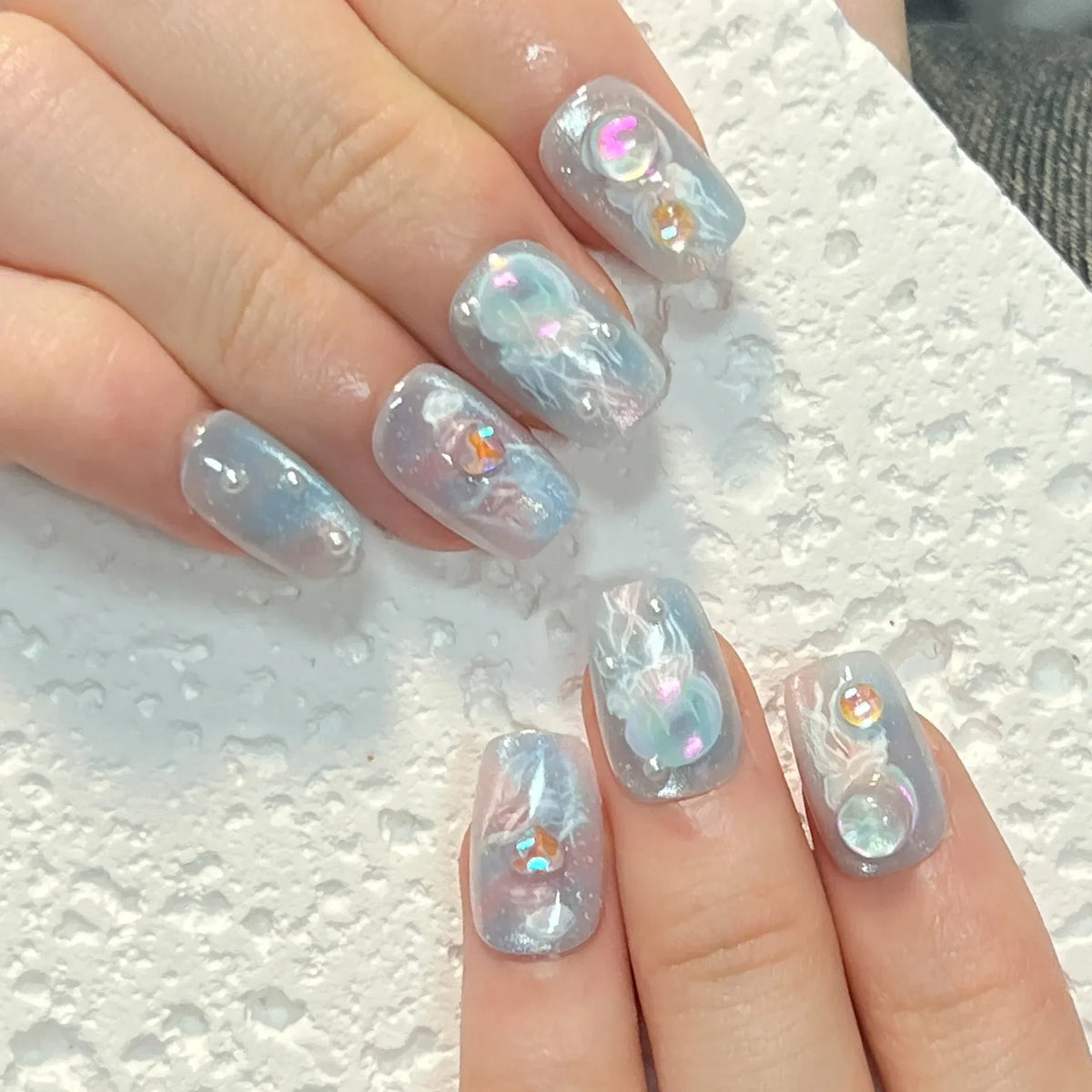 10Pcs Short Handmade Press On Nails Full Cover Cat Eye Shell Design Ocean Bubble Cute Fake Nails Wearable Manicure Nail Tips Art